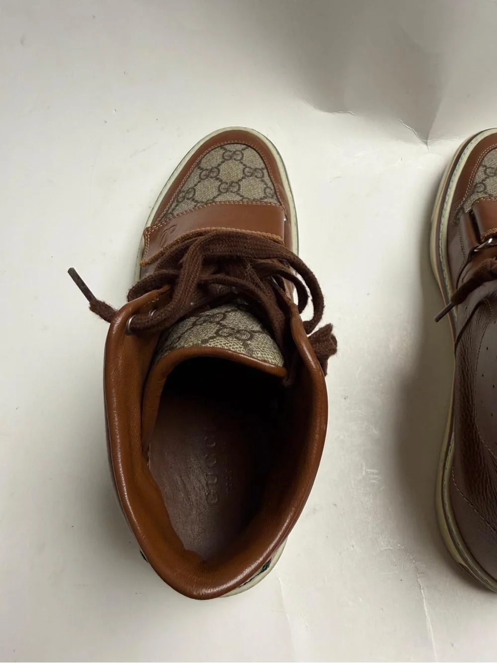 Gucci Brown Leather & GG Canvas High-Top Sneakers